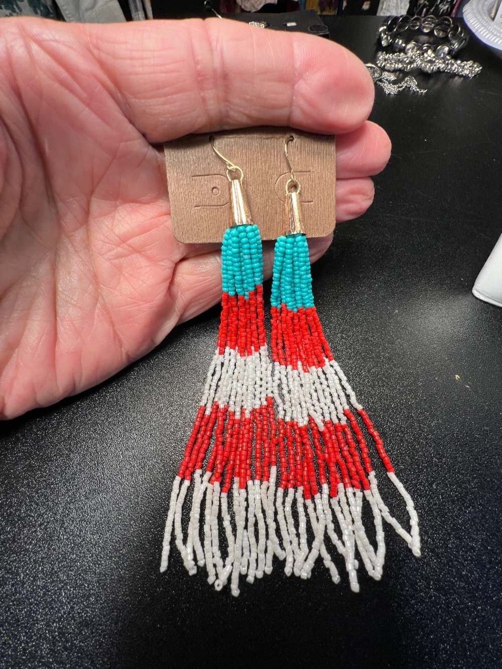 Emma Jewelry Southwest Turquoise White Red Glass Seed Bead Fringe Earrings